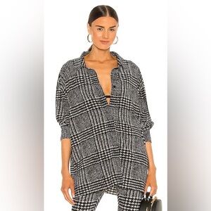 NORMA KAMALI GLENN OVERSIZED BOYFRIEND PLAID LONG SLEEVE TOP BLACK/WHITE MEDIUM
